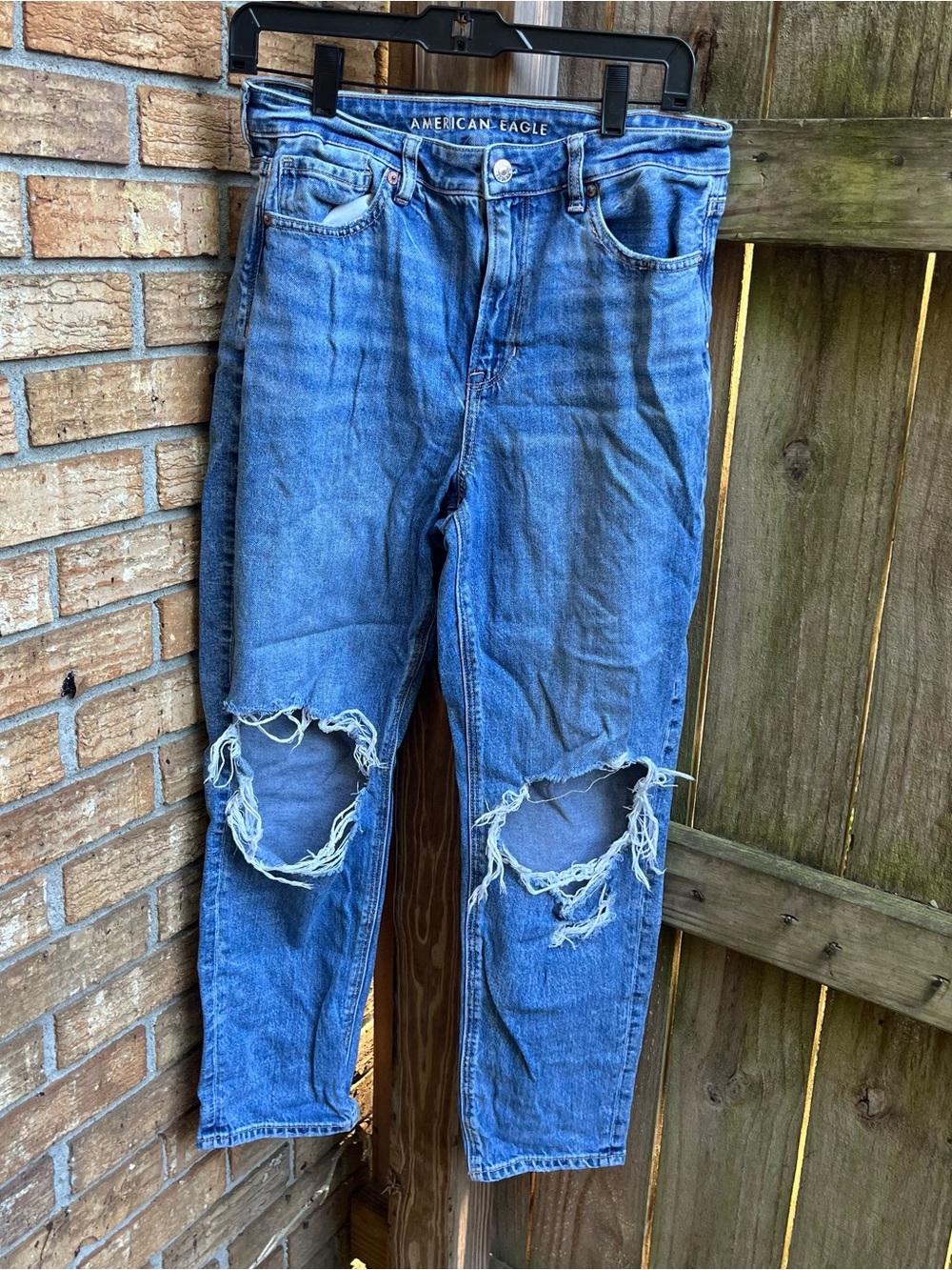 American Eagle Outfitters Medium Blue Distressed Straight Leg Mom Jeans - Picture 2 of 5